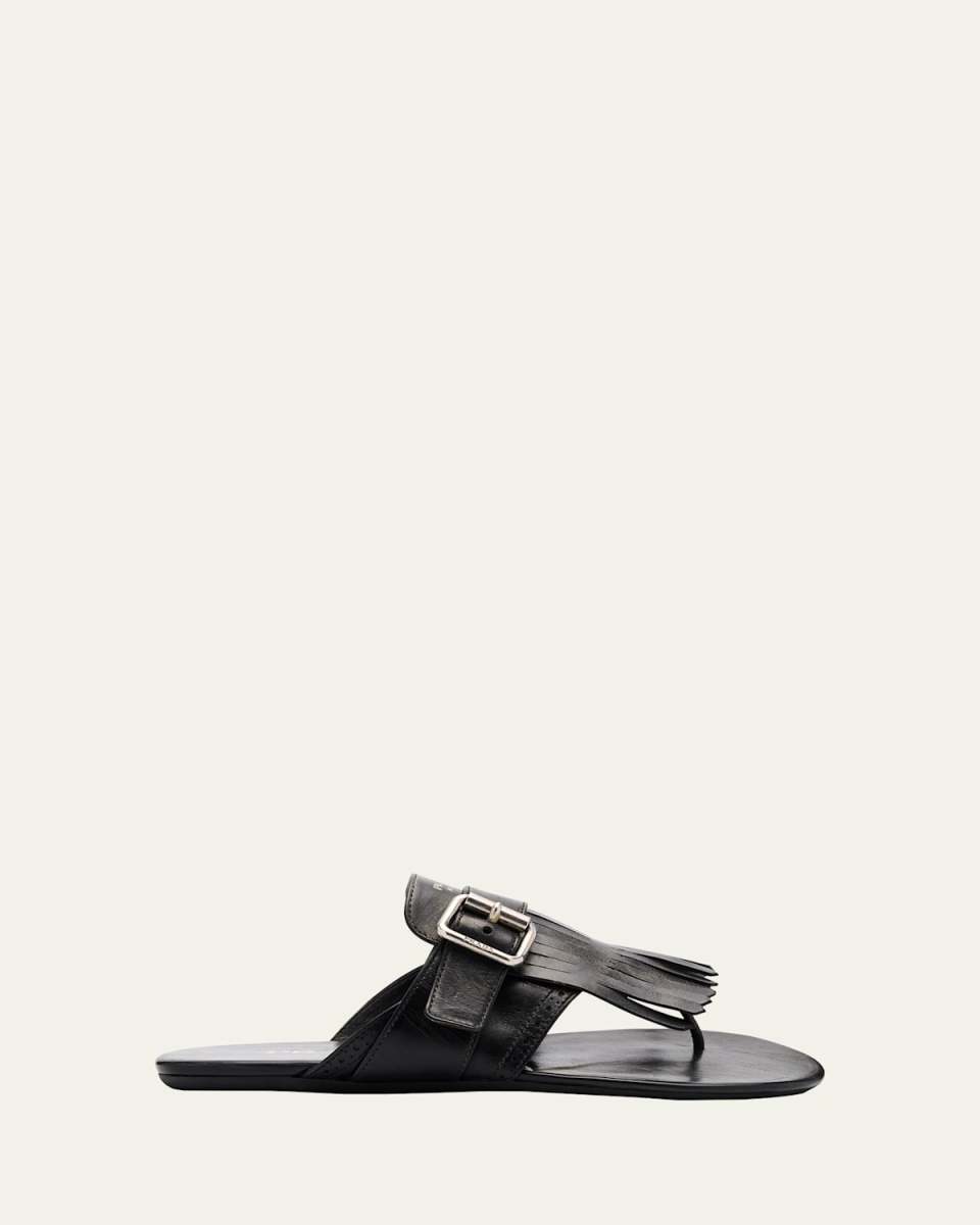 Vitello Leather Fringe Buckled Thong Sandals